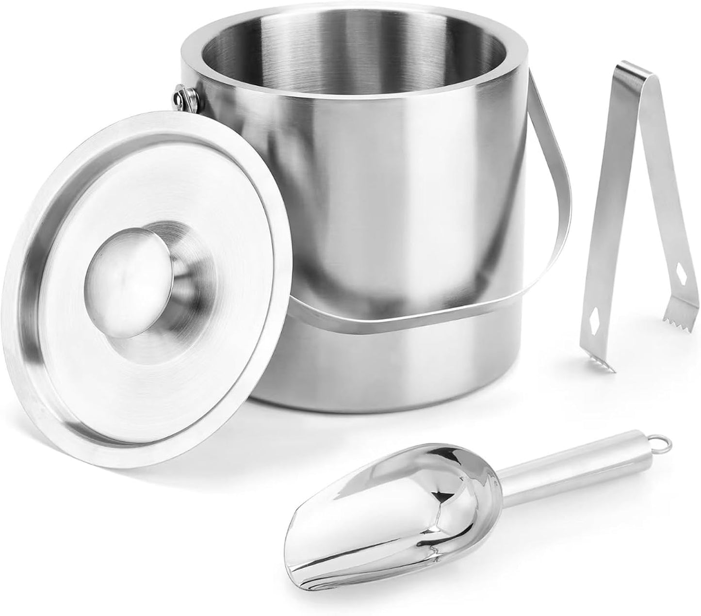 Portable Ice Buckets for Parties,3 Liter Double Wall Ice Bucket with Lid,Scoop,Tongs,Handle,Stainless Steel Ice Container to Keep Ice Frozen Longer- Ideal for Cocktail Bar,Camping,Chilling Beer/Wine