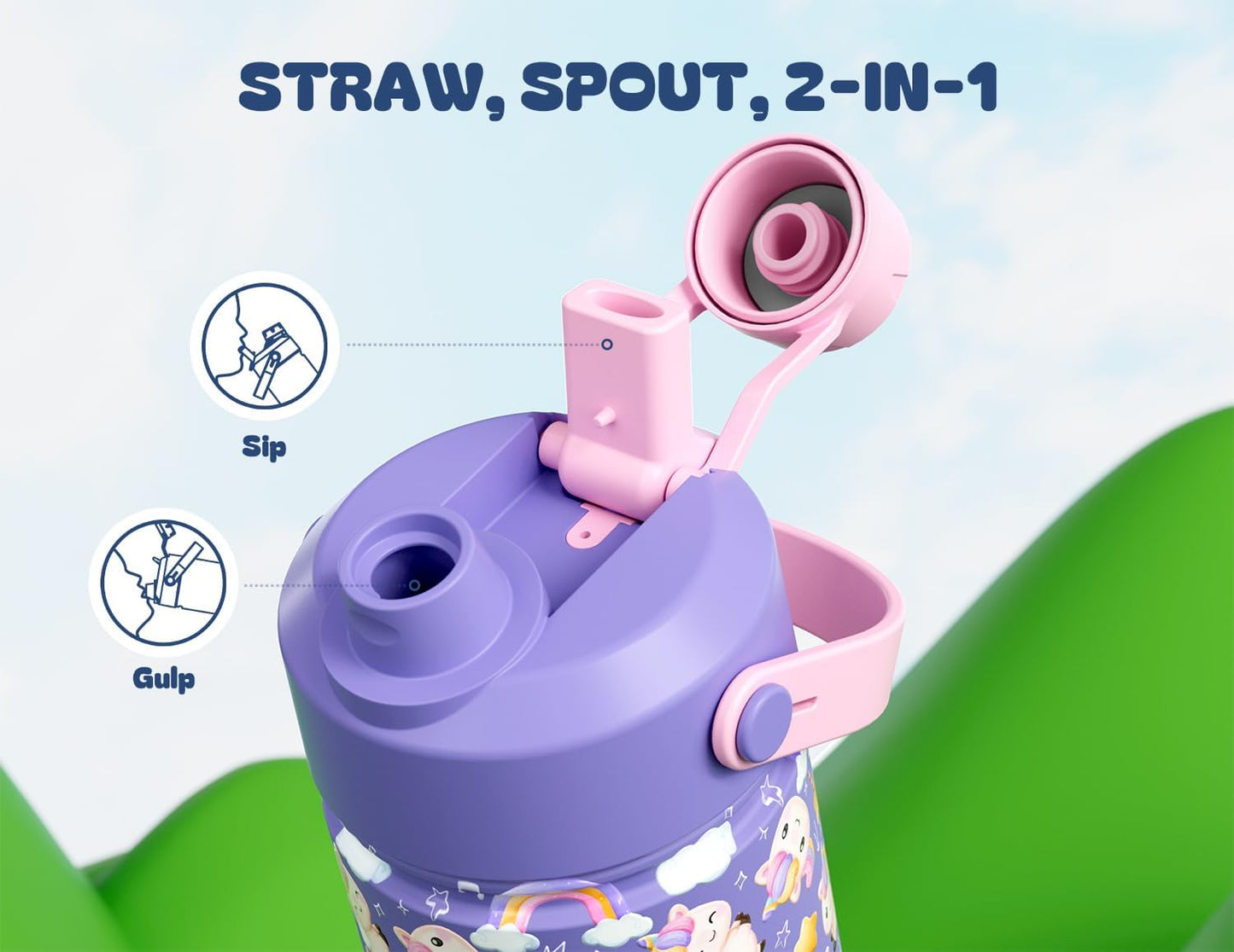Skiennix 12 Oz Insulated Water Bottle for Kids - 2-in-1 Straw Spout Lid, BPA-Free, Cute Unicorn Design