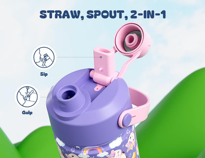 Skiennix 12 Oz Insulated Water Bottle for Kids - 2-in-1 Straw Spout Lid, BPA-Free, Cute Unicorn Design