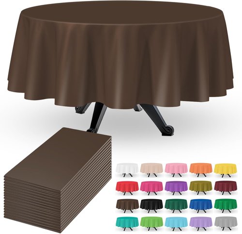 Brown 16-Pack Plastic Tablecloths by [Brand Name] - 84-Inch Disposable Round Party Covers