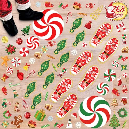Christmas Floor Decals 268PCS Peppermint Santa Footprints Party Decorations