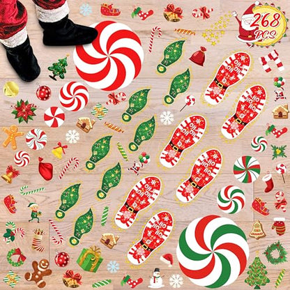 Christmas Floor Decals 268PCS Peppermint Santa Footprints Party Decorations