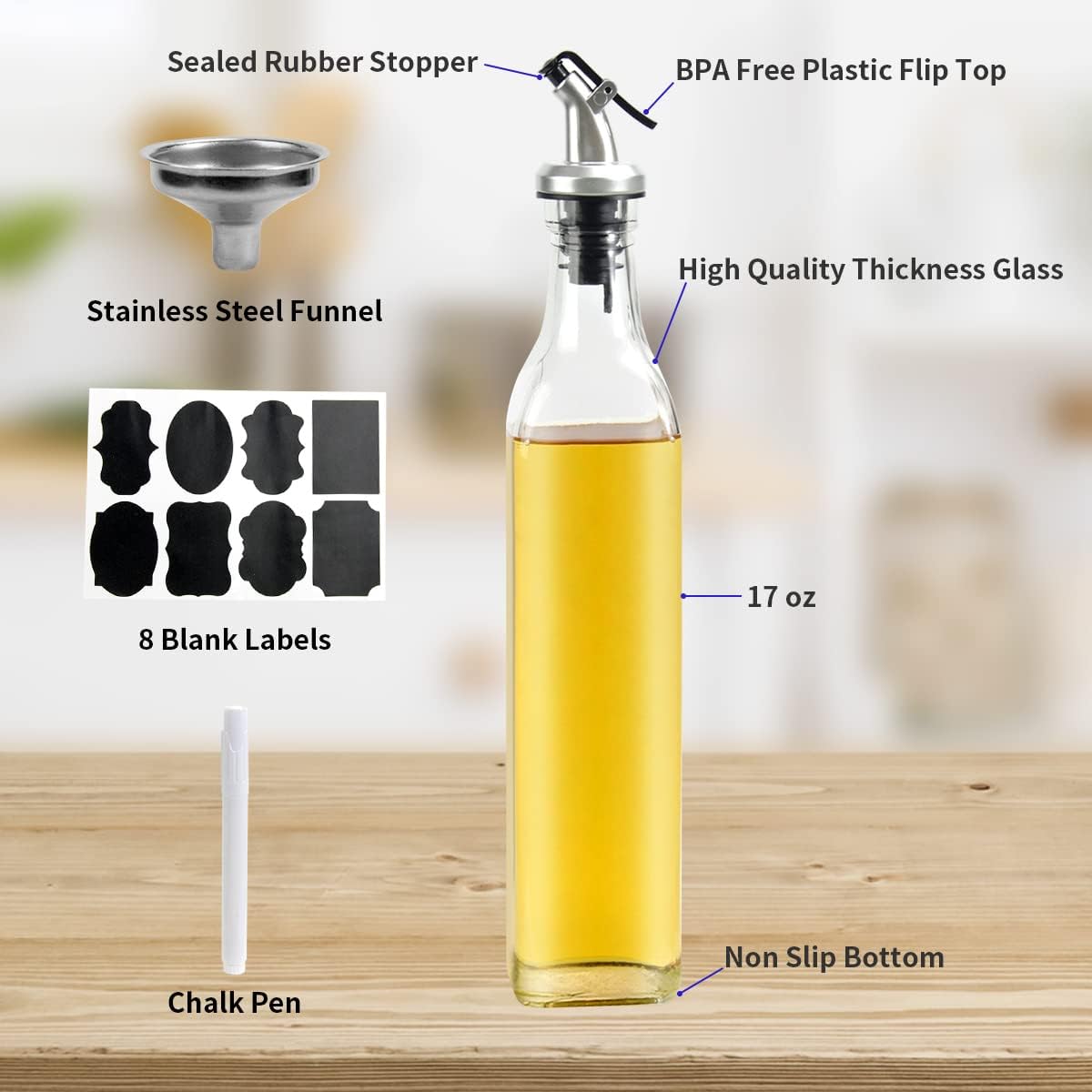 YULEER Olive Oil Bottle Dispenser, 6 Pack 17oz / 500ml Glass Oil and Vinegar Dispenser Bottles for Kitchen with Airtight Nozzle Plug & Pouring Spouts