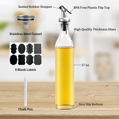 YULEER Olive Oil Bottle Dispenser, 6 Pack 17oz / 500ml Glass Oil and Vinegar Dispenser Bottles for Kitchen with Airtight Nozzle Plug & Pouring Spouts