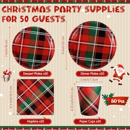 Domensi Plaid Christmas Party Supplies Set for 50 Guests - Paper Plates, Cups & Napkins