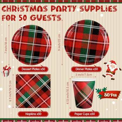 Domensi Plaid Christmas Party Supplies Set for 50 Guests - Paper Plates, Cups & Napkins