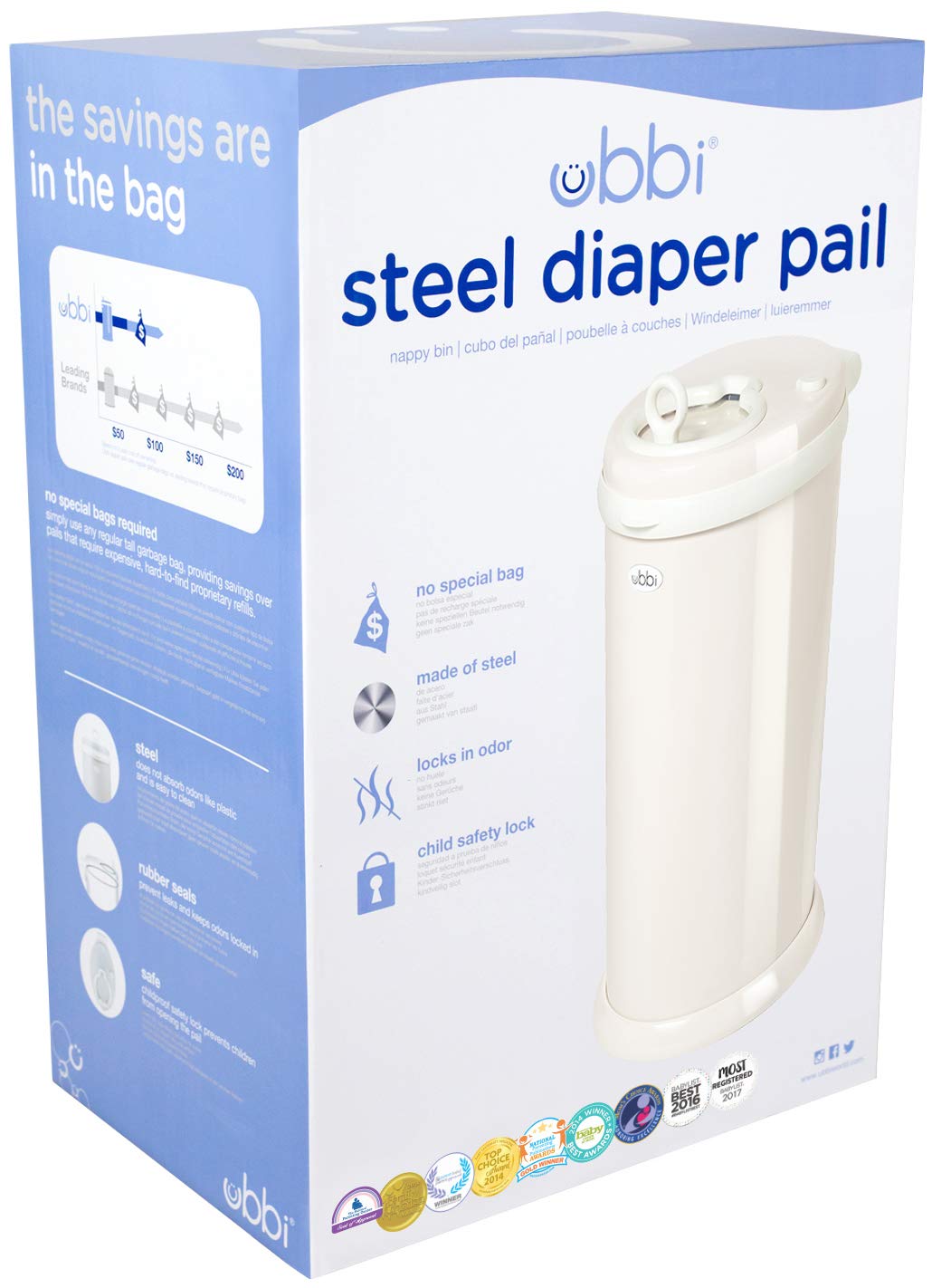 Ubbi Stainless Steel Diaper Pail - Odor Locking Design, No Special Bags Needed | Ivory Color, Award-Winning