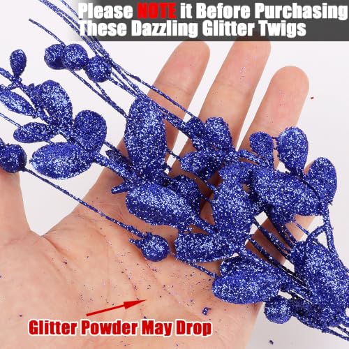 Blue Christmas Glitter Berry Picks - 18 Pack, 15.7 Inch Artificial Stem for Holiday Decor