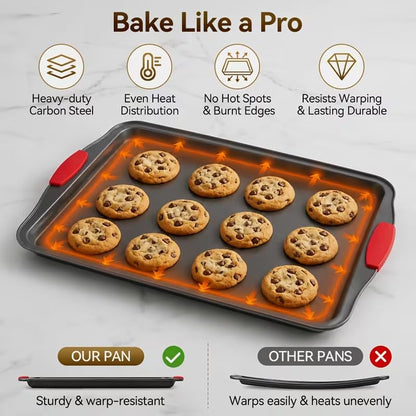 4-Piece Nonstick Carbon Steel Baking Sheet Set with Silicone Handles and Bonus Spatula