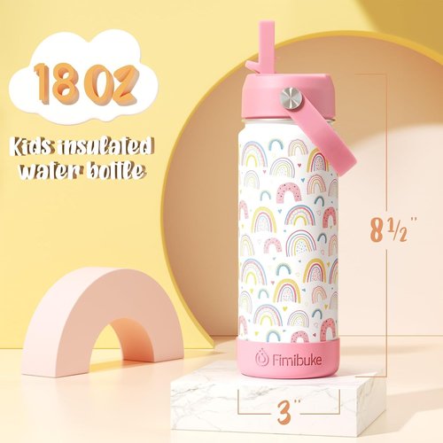 Fimibuke Kids Insulated Water Bottle - 18oz BPA-Free Double Wall Tumbler | Leak-Proof, Rainbow & Mermaid (2 Pack)