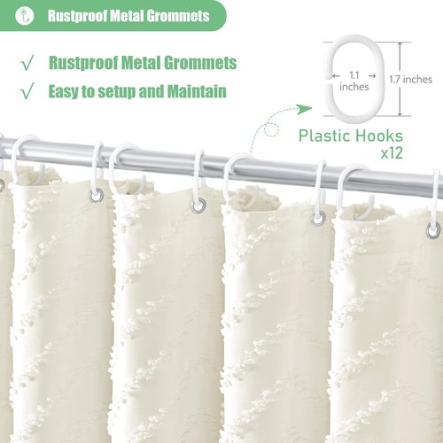 Dynamene Cream Boho Fabric Shower Curtain, Tufted Chevron Striped Tassel Textured Shower Curtain for Bathroom, Farmhouse Elegant Waterproof Minimalist Cloth Shower Curtain Set, 12 Hook, 72x72