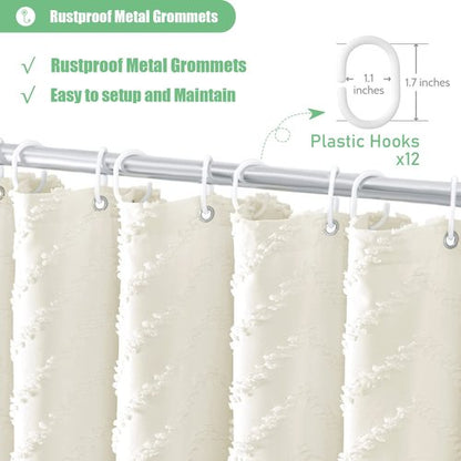 Dynamene Cream Boho Fabric Shower Curtain, Tufted Chevron Striped Tassel Textured Shower Curtain for Bathroom, Farmhouse Elegant Waterproof Minimalist Cloth Shower Curtain Set, 12 Hook, 72x72