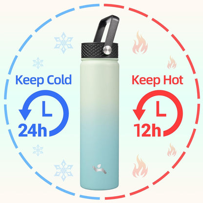 Skiennix Insulated Water Bottle - 24oz Stainless Steel Sport Bottle with 3 Lids | Mint Color