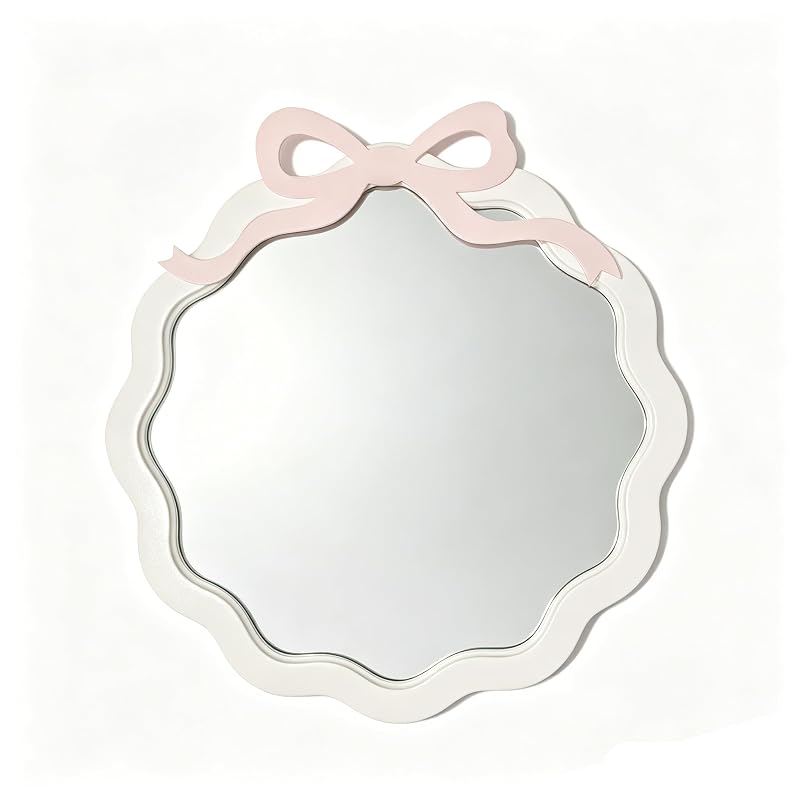 Pink Bow Wavy Wall Mirror – 21.25 Inch Kawaii Princess Bedroom Vanity