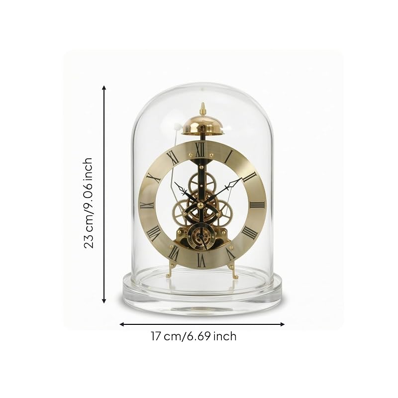 Gold Clock Mechanical Table Clock with Visible Gears, Roman Numerals, 360° Clear Dome