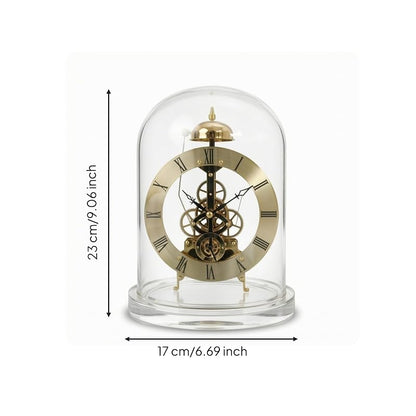 Gold Clock Mechanical Table Clock with Visible Gears, Roman Numerals, 360° Clear Dome