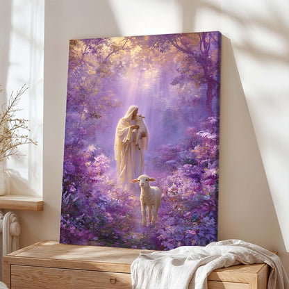 Shepherd with Lambs Purple Enchanted Forest Canvas Wall Art - 24x36 Inches