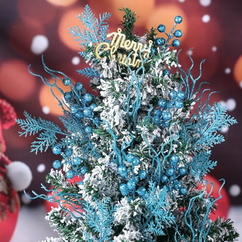 Light Blue Christmas Tree Picks 75 Pcs Glitter Berry & Pine Stems - Holiday Decor
