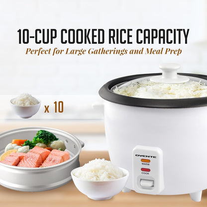 OVENTE Electric Rice Cooker - 10-Cup Capacity, Nonstick Pot & Steaming Basket Included | White RCS01W