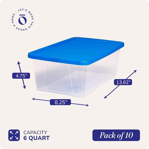 HOMZ 10-Pack Snaplock Storage Organizer Bins - Clear Plastic Containers with Lids, 6 Quart, Blue