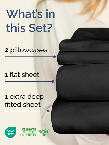 Skiennix Extra Deep Twin XL Sheet Set | 4-Piece Breathable Cooling Bedding - Soft, Wrinkle-Free, Black