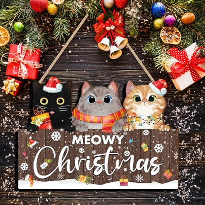 Meowy Christmas Cat Wooden Sign - Black Cats Christmas Decor for Cat Lovers