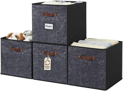 DECOMOMO Storage Baskets - 13x15x13 Cube Bins with Labels for Organized Kallax Shelves | 4-Pack, Black Pattern
