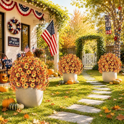 Artificial Fall Mums Topiary Ball Tree with Ground Spike - Orange