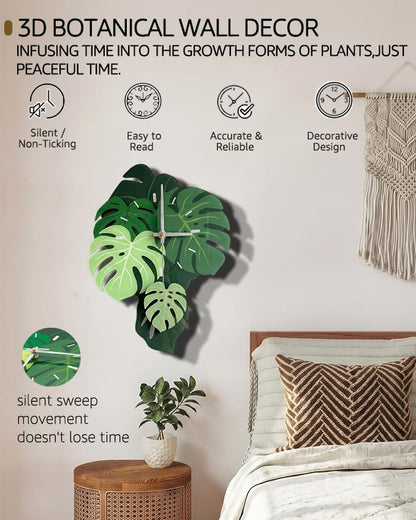 Leaf Wall Clock 15 Inch - Botanical Silent Pendulum, Non-Ticking, Green Variation