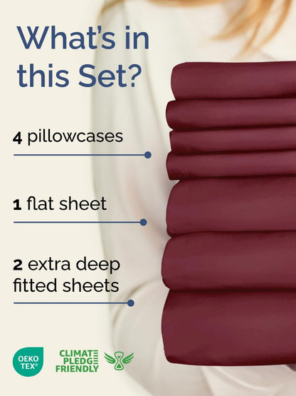 Skiennix Extra Deep Split King Sheet Set - 7 Piece Breathable Cooling Bedding - Soft Wrinkle-Free Burgundy