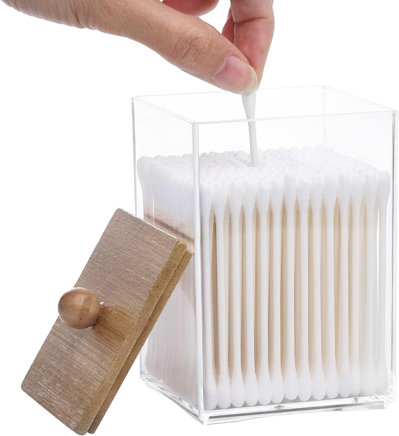 Tbestmax Cotton Swab Holder - Clear Apothecary Jar with Wood Lids | 12 OZ Bathroom Storage (4 Pack)