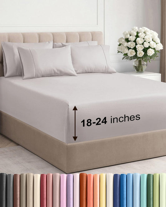 Skiennix Extra Deep Cal King Sheet Set | 6-Piece Breathable Cooling Bedding - Soft, Wrinkle-Free Light Grey