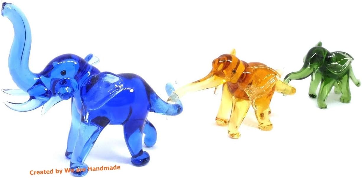 Skiennix Handmade Mini Elephant Family Figurines - 2" Blown Glass Art, Multicolor Jungle Decor
