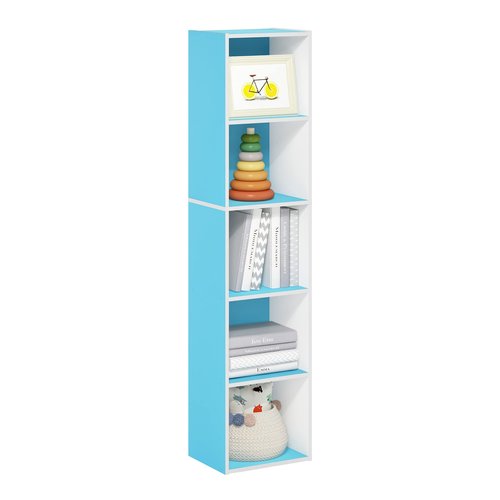 Furinno PASIR Book Shelf, 5-Tier Modern Bookshelf, Open Shelves Bookcase 9 x 12 x 52, Easy Assembly, for Living Room, Bedroom, Home Office, Light Blue/White