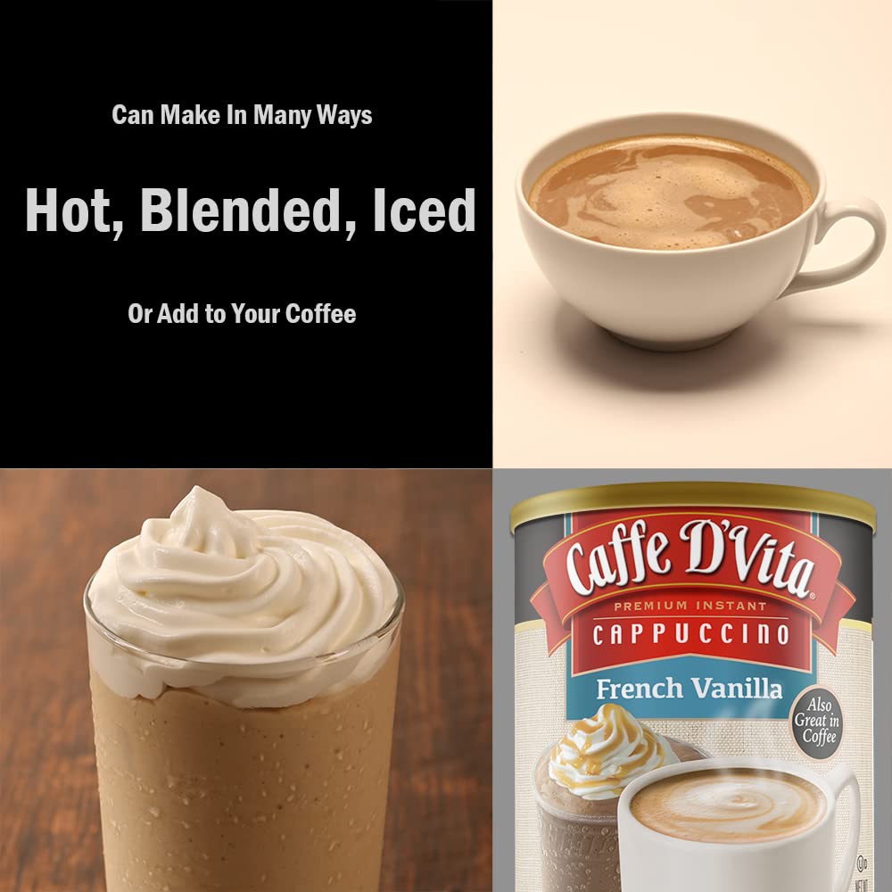 Caffe D’Vita French Vanilla Cappuccino Mix - Instant Cappuccino Mix, French Vanilla Instant Coffee, Gluten Free, No Cholesterol, No Hydrogenated Oils, 99% Caffeine Free - 1 Lb Can