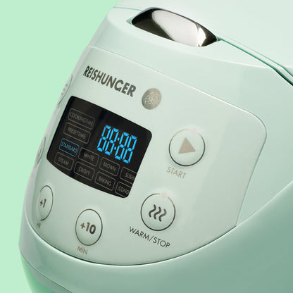 Reishunger Digital Mini Rice Cooker & Steamer, Mint with Keep-Warm Function & Timer - 3.5 Cups - Small Rice Cooker Japanese Style with Ceramic Inner Pot - 8 Programs - 1-3 People