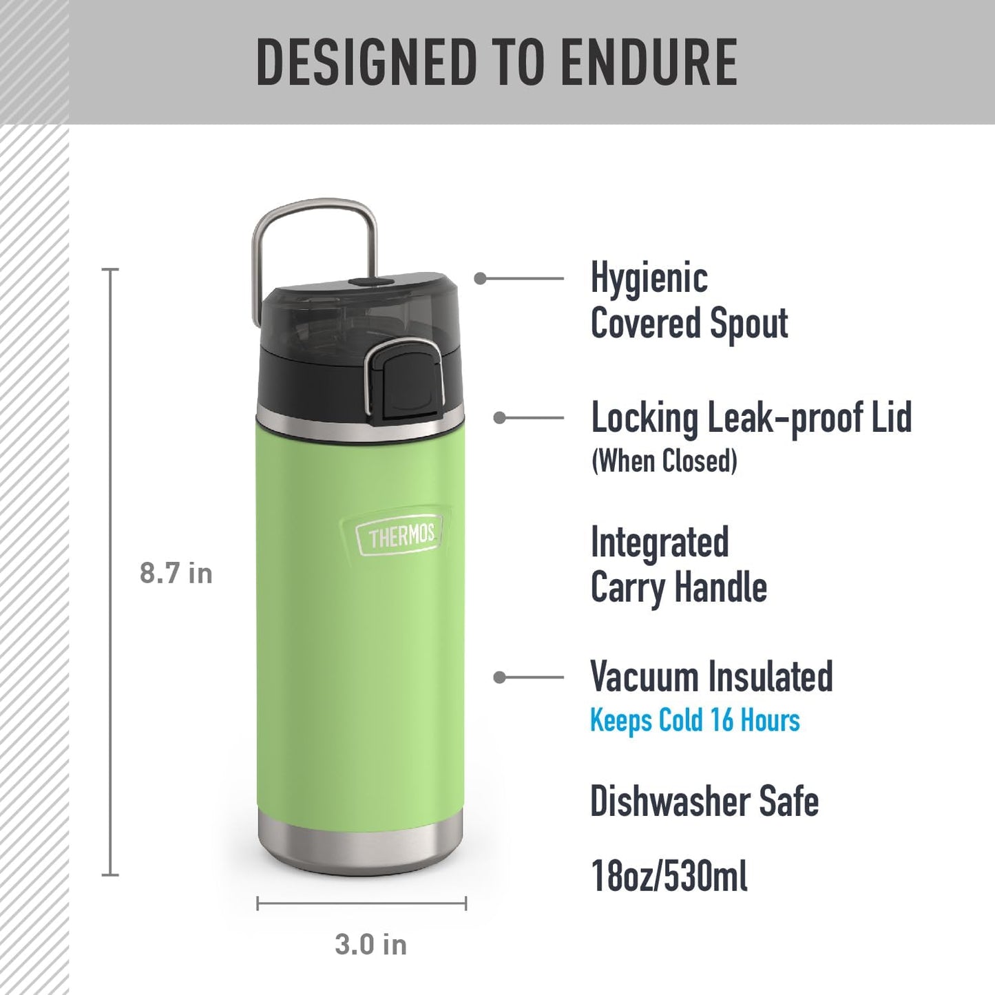 THERMOS Icon Series Water Bottle - 18 Ounce Stainless Steel, Vacuum Insulated with Spout - Lime Color
