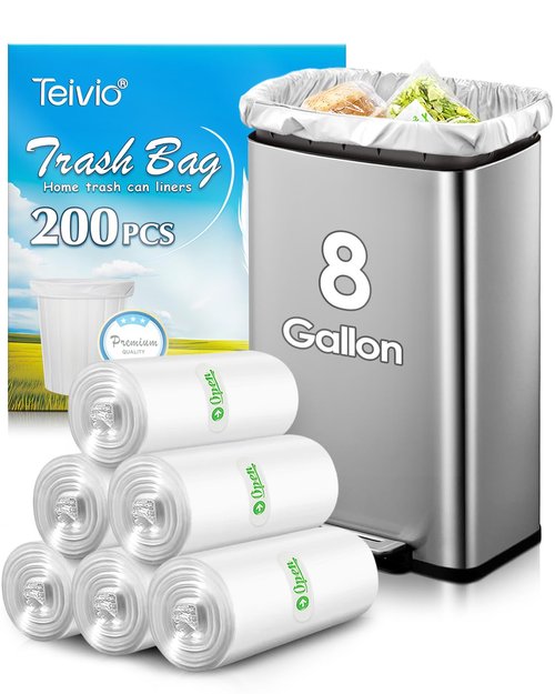 8 Gallon 200 Counts Unscented Medium Trash Bags,Fit 7,8,9,10 Gal Garbage Bags by Teivio, 30 Liter Thick Bathroom Can Bin Liners,Plastic Bags for Home Office Kitchen, Clear