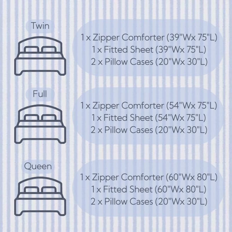 Blue Striped Zipper Bedding Set Twin - Modern Geometric Bed in a Bag