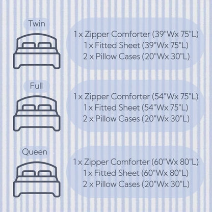 Blue Striped Zipper Bedding Set Twin - Modern Geometric Bed in a Bag