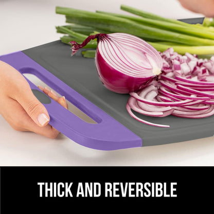 The Original Gorilla Grip Oversized 100% BPA Free Reversible Durable Kitchen Cutting Board Set of 3, Juice Grooves, Dishwasher Safe, Easy Grip Handle Border, Food Chopping Boards, Cooking, Purple Gray