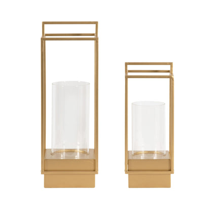 Kate and Laurel Brandt Modern Glam Two-Piece Candle Holder Set, 7 x 7 x 19, Gold, Transitional Wood and Metal Lantern Hurricane Candle Holders for Fireplace Mantel Display