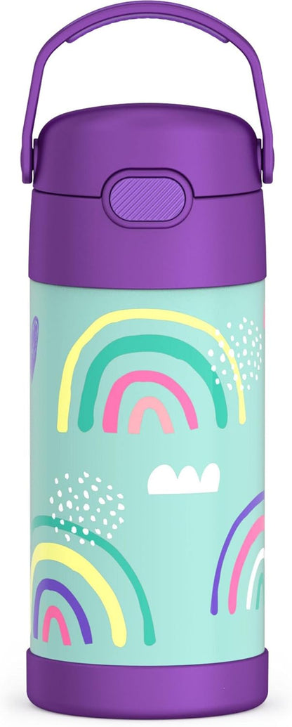 THERMOS FUNTAINER Water Bottle - 12 Ounce Kids Stainless Steel Vacuum Insulated with Straw | Rainbows