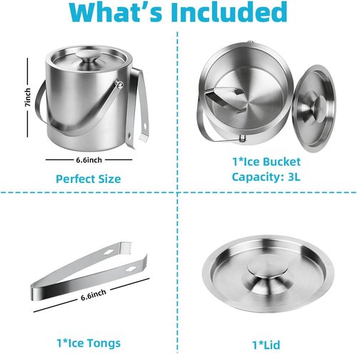 ChefBee Stainless Steel Ice Bucket - 3L Double-Wall Insulated Ice Buckets for Parties with Lid & Tongs, Large Champagne Wine Drink Container Holder, Ideal for Freezer Cocktail Home Bar Accessories