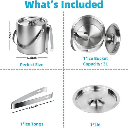 ChefBee Stainless Steel Ice Bucket - 3L Double-Wall Insulated Ice Buckets for Parties with Lid & Tongs, Large Champagne Wine Drink Container Holder, Ideal for Freezer Cocktail Home Bar Accessories