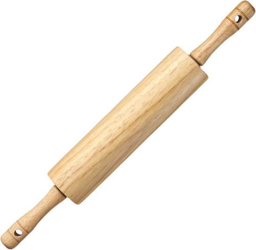 KARRYOUNG Rubber Wood Rolling Pin - Durable Kitchen Dough Roller with Handles | Perfect for Pizza, Bread, and Tortillas