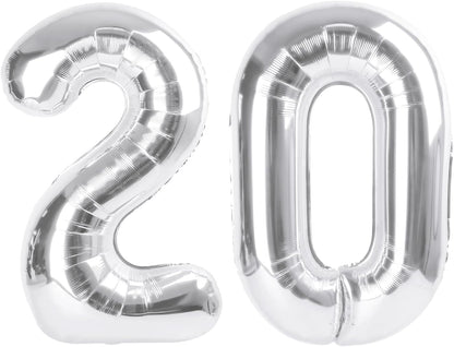 Number 20 Balloon - Silver 40 Inch Foil Balloon for Happy 20th Birthday & Special Events