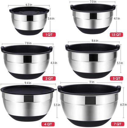 Rottay Mixing Bowls Set - 20PCS Stainless Steel with Airtight Lids & Grater Attachments | Non-Slip Bottoms