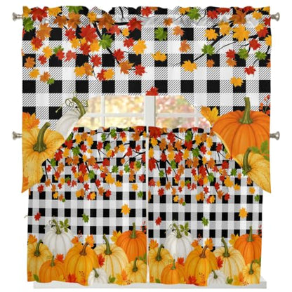 Black Orange Fall Pumpkins Window Curtains Set 3 Pieces - 27.5W x 36L