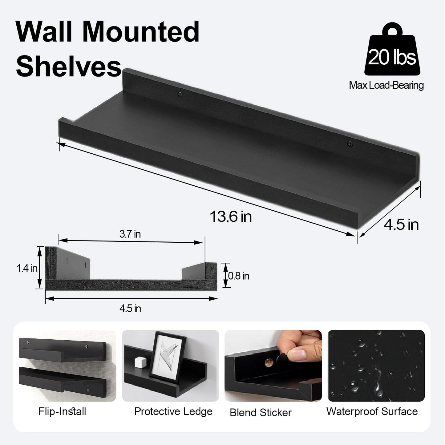 Skiennix Black Floating Shelves - Wall-Mounted Wood Storage for Bedroom, Living Room & Kitchen | Set of 2, 14 Inches